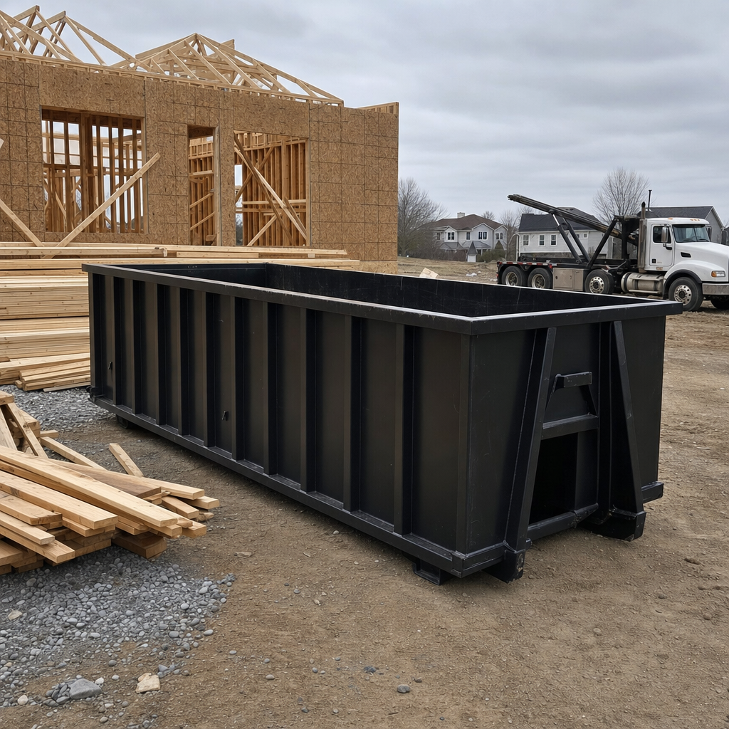 Matte-black 40-yard roll-off dumpster staged on a framed-out residential construction site in Shreveport, framing lumber stacked nearby, hooklift delivery truck visible in the background under bright Colorado daylight