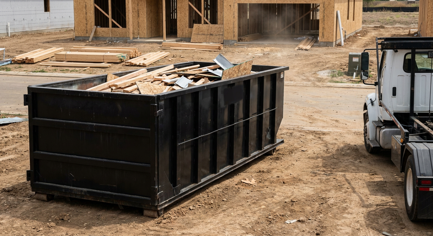 Matte-black 20-yard roll-off construction dumpster with heavy ribbed steel sidewalls and swing rear doors at a working jobsite in Shreveport, sitting directly on compacted dirt with an unmarked white hauler partially visible at the far edge of the frame.