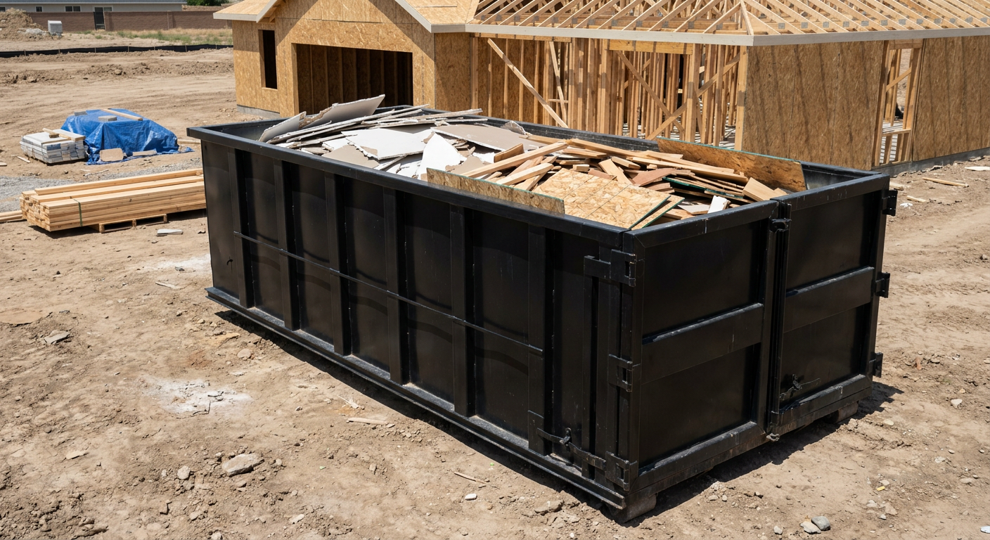 Matte-black 30-yard roll-off construction dumpster sitting directly on the compacted-dirt site of a framed single-family home build in Shreveport, drywall and lumber scrap loaded inside.