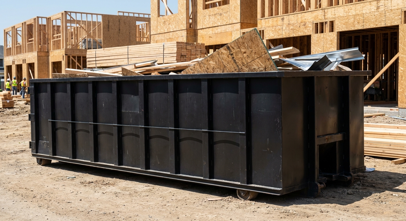 Matte-black 40-yard roll-off construction dumpster being lowered from a white-cab hooklift delivery truck onto the compacted-dirt jobsite at a commercial build site in Shreveport