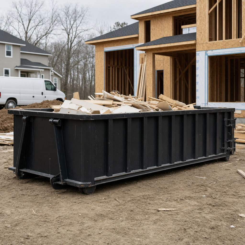 Worker in a yellow high-visibility vest tossing framing lumber and broken drywall into a matte-black 30-yard construction roll-off dumpster on an active build site in Shreveport, bright daylight