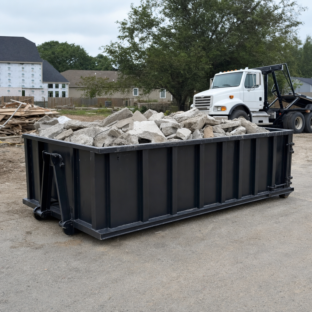 Low-profile matte-black lowboy roll-off dumpster loaded with broken concrete slab and rebar at a foundation tear-out in Shreveport, skid steer parked beside it, sunny Colorado morning