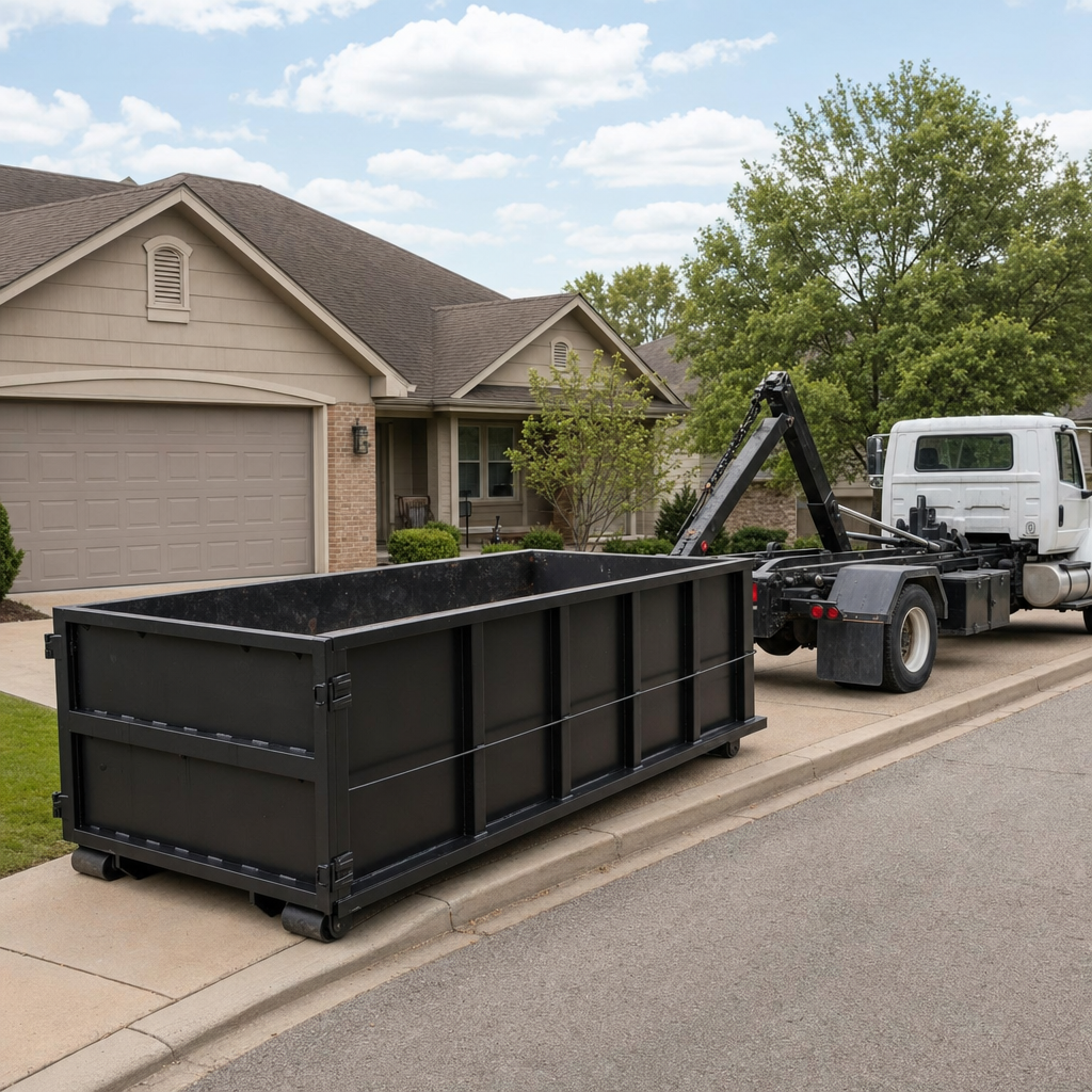 Wide documentary shot of a matte-black roll-off dumpster on a Shreveport residential driveway in the foreground and a contractor jobsite container in the soft-focus background, bright daylight, calm and orderly composition.