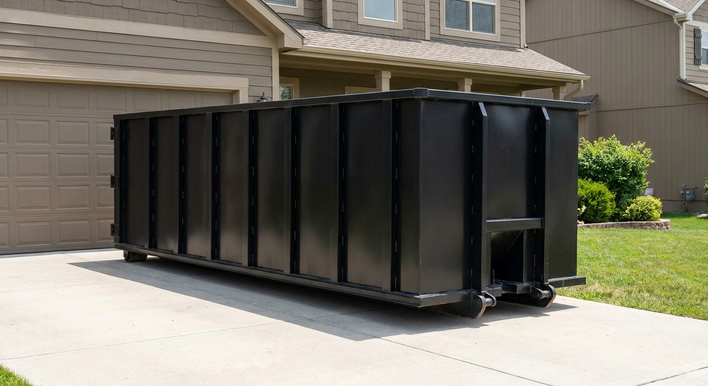 Matte-black residential roll-off dumpster sitting directly on a suburban Shreveport concrete driveway, garage door closed, single-family home in background, bright morning daylight.