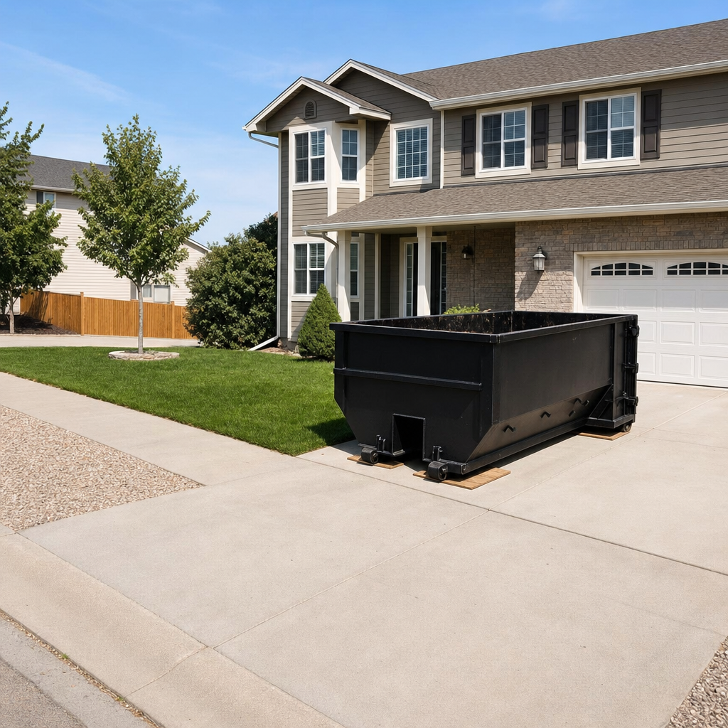 10-yard matte-black residential dumpster placed directly on a narrow Shreveport concrete driveway, room remains for a parked sedan beside it, mid-morning natural light