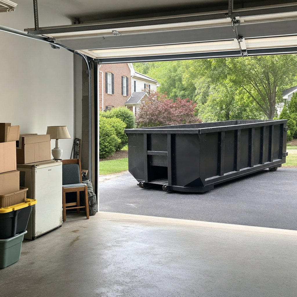 Open garage interior in a Shreveport home mid-cleanout — boxed items, an old appliance, and stacked yard tools queued near the driveway for a matte-black roll-off dumpster, organized and calm