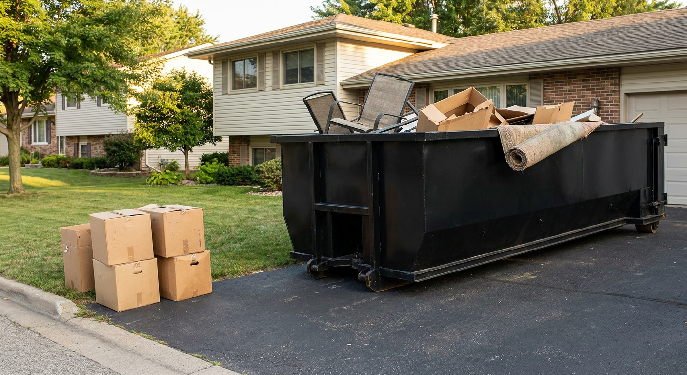 Front-yard view of a Shreveport split-level home with a 20-yard matte-black roll-off dumpster sitting directly on the asphalt driveway, a few clearly labeled donation boxes staged at the curb, calm sunny afternoon.