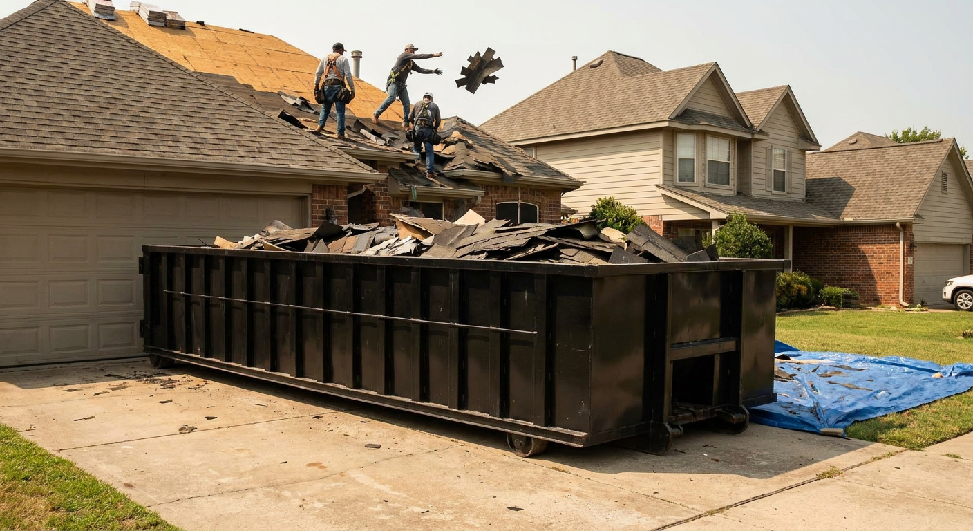 Matte-black roofing roll-off dumpster placed directly on a Shreveport residential concrete driveway, a tear-off crew on a two-story asphalt-shingle roof tossing shingle bundles into the low-walled container, bright daylight, documentary 35mm perspective.