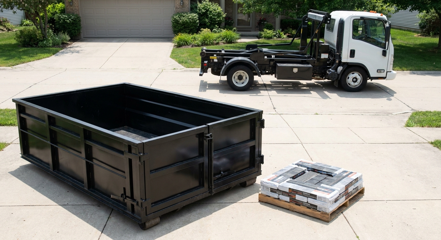 Matte-black 15-yard roofing roll-off dumpster with reinforced low side walls sitting directly on a Shreveport residential concrete driveway, three-tab asphalt shingle bundles stacked nearby, an unmarked white hauler truck partially visible at the edge of the frame.