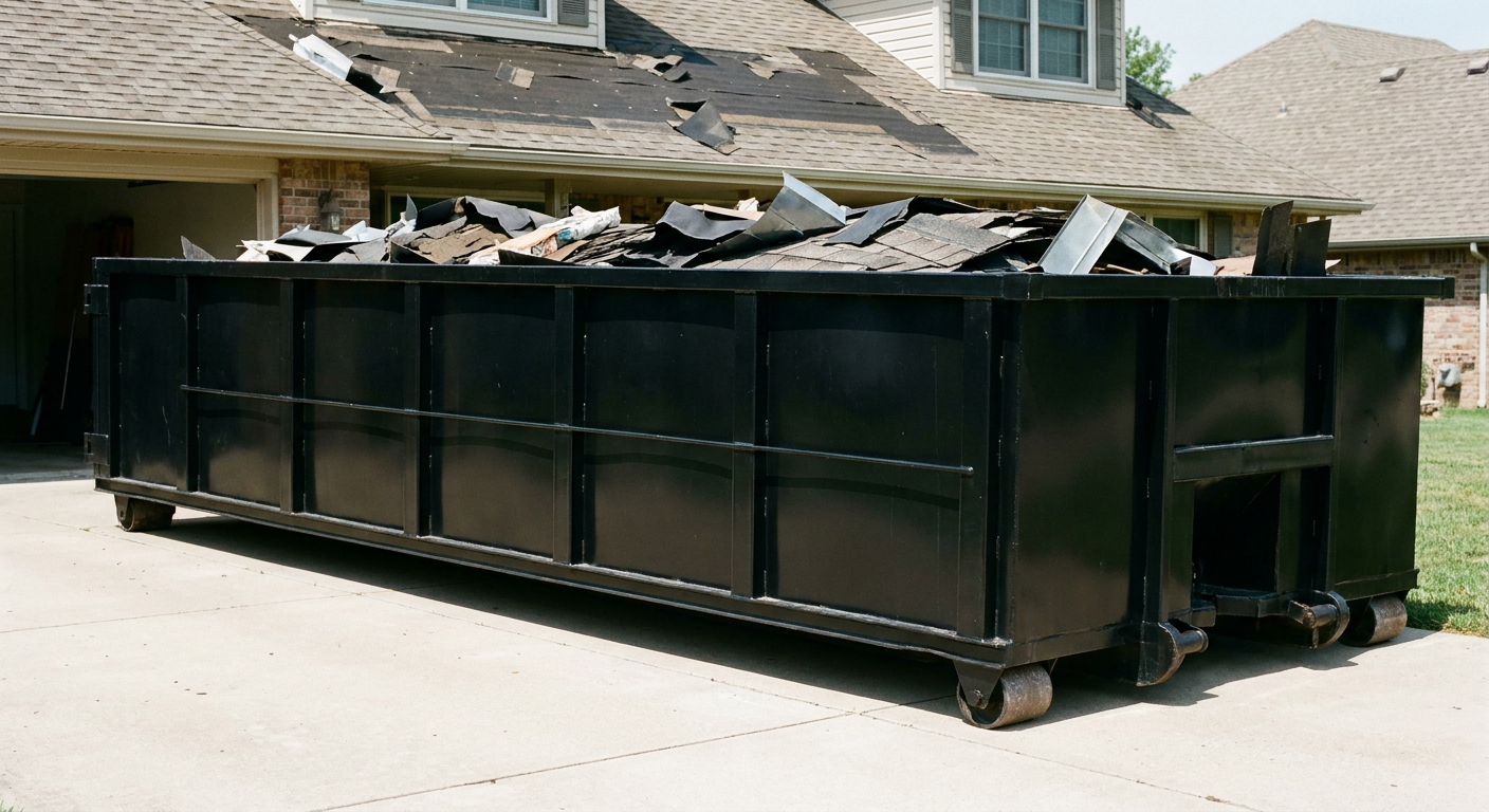 Matte-black 20-yard roofing roll-off dumpster with steel ribbed sides and swinging rear door, sitting directly on the concrete driveway of a two-story Shreveport home, asphalt shingle debris being loaded over the low wall, clean documentary lighting.