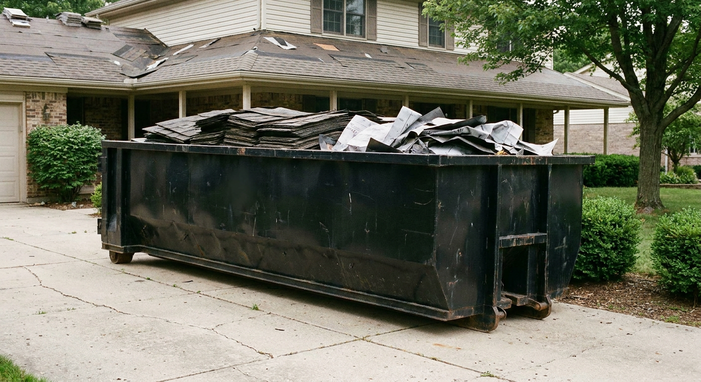 Matte-black 30-yard roofing roll-off dumpster sitting directly on a Shreveport concrete driveway, taller ribbed steel side panels, mixed tear-off debris of asphalt shingles and underlayment inside, professional documentary daylight.