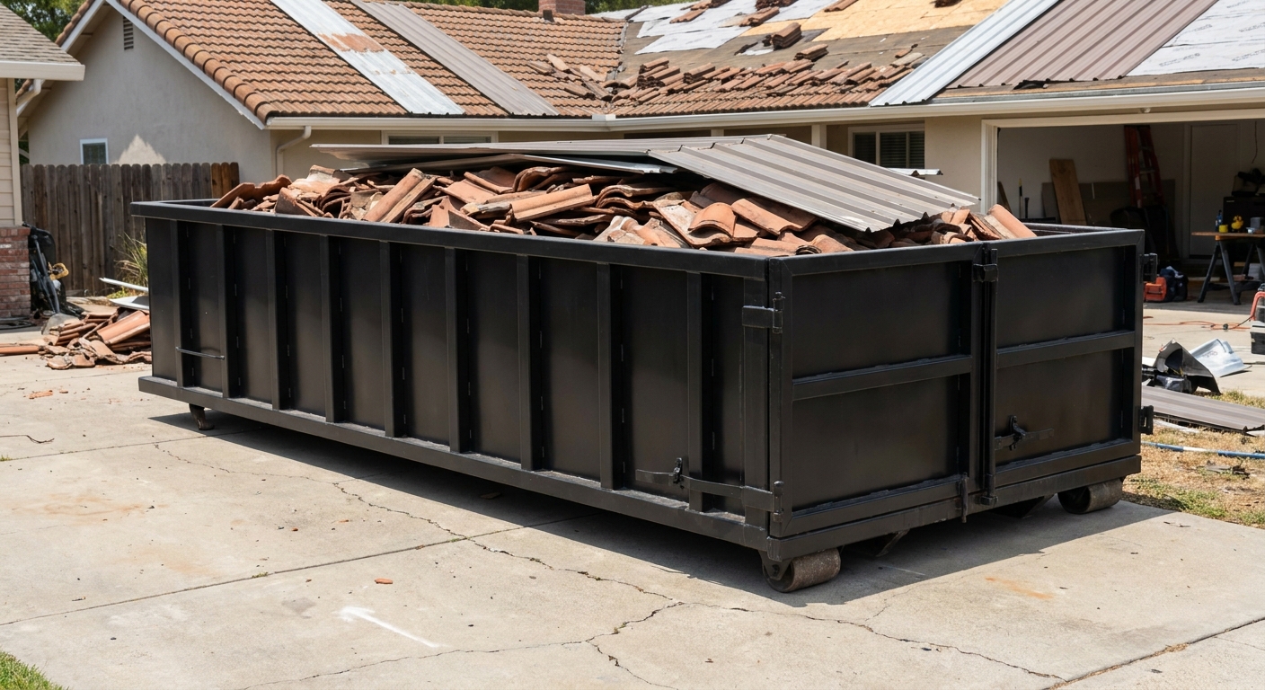 Matte-black low-wall heavy-debris roofing roll-off dumpster sitting directly on a Shreveport concrete driveway, broken concrete clay roof tiles and metal panel sections loaded inside, reinforced ribbed steel side walls visible, bright outdoor daylight.