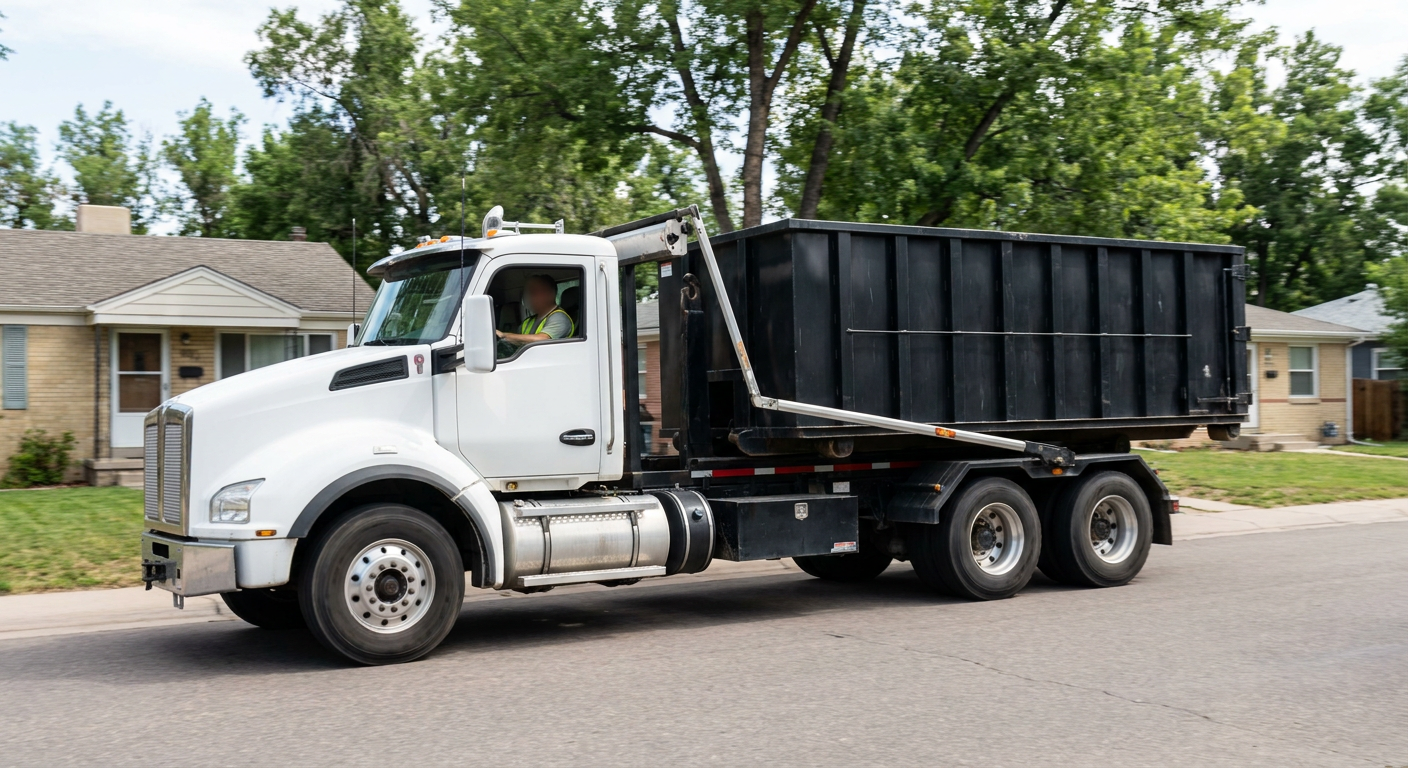 A wide documentary shot of a matte-black roll-off delivery truck pulling onto a quiet Shreveport residential street at mid-morning, with neighborhood rooftops and tree-lined blocks visible behind, showing the metro coverage footprint.