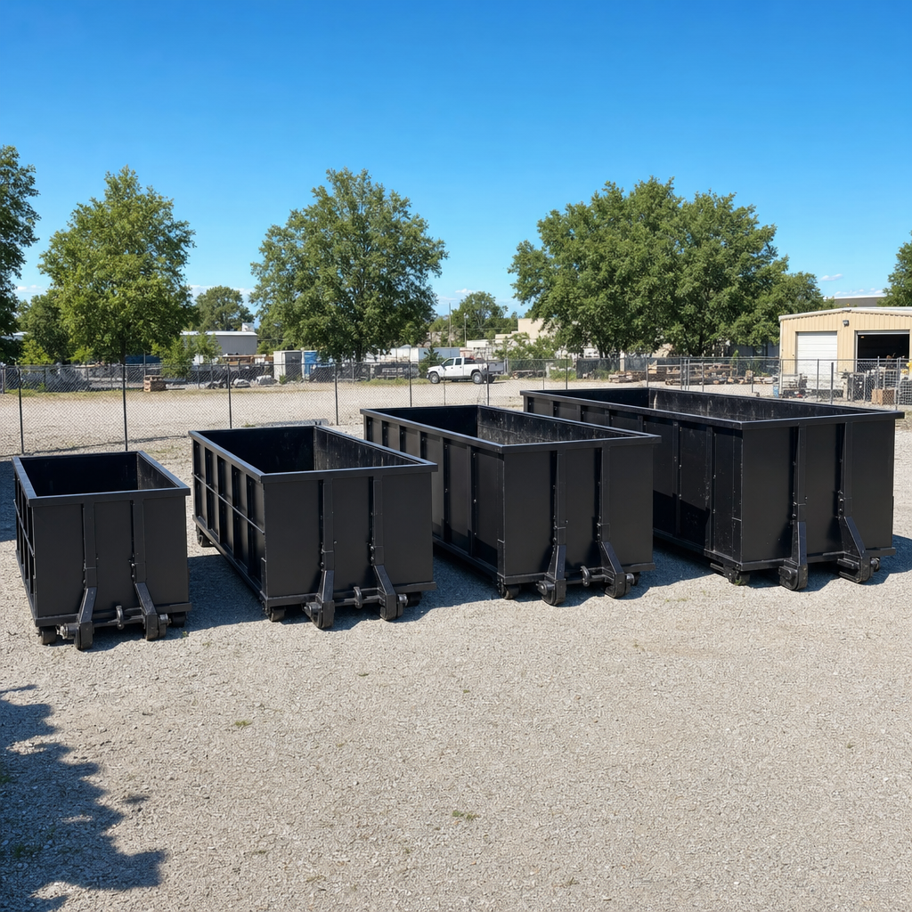 A clean lineup of matte-black roll-off dumpsters in 10, 20, 30, and 40-yard sizes staged on a sunlit gravel yard in Shreveport, showing the size progression from compact to commercial-scale containers.