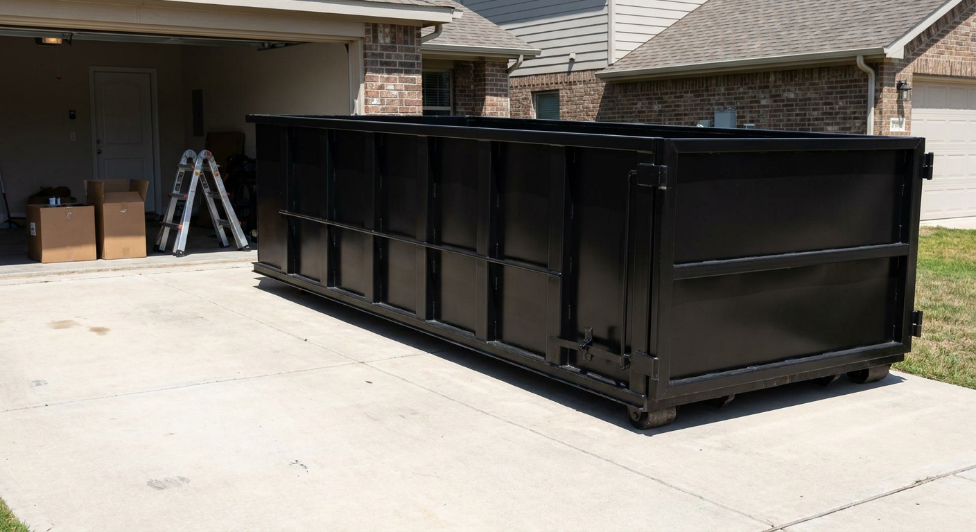 A matte-black 10-yard roll-off dumpster sitting directly on a residential Shreveport concrete driveway, mid-day sunlight, clean and ready for a garage cleanout.