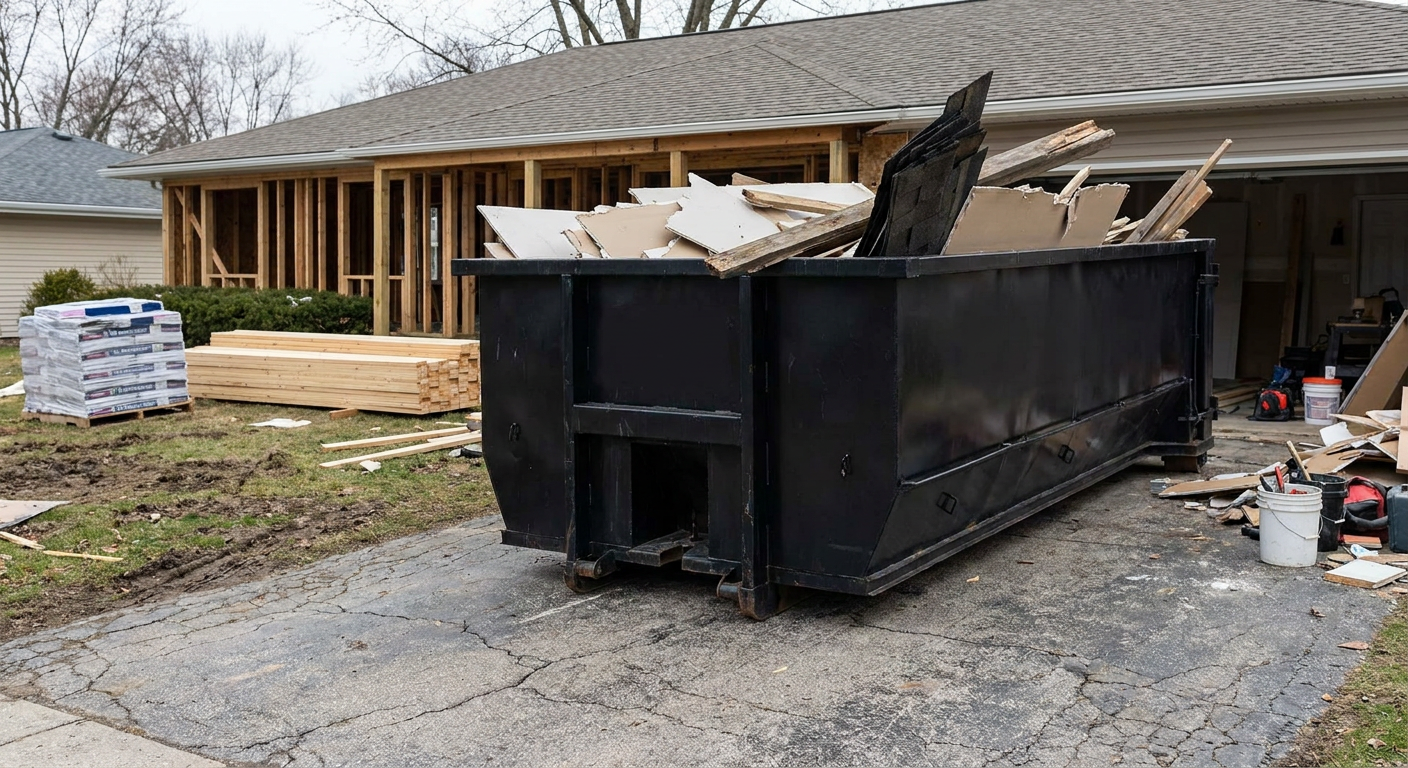 A matte-black 20-yard roll-off dumpster placed alongside a mid-renovation Shreveport home directly on the asphalt driveway, with framing materials and torn-off shingles staged neatly nearby.