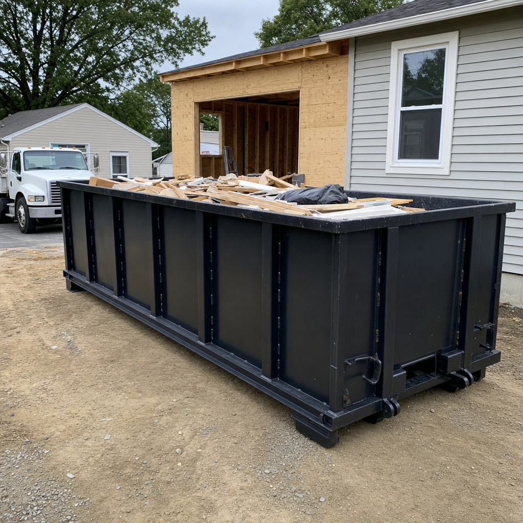 A matte-black 30-yard roll-off dumpster positioned at a Shreveport residential addition jobsite, with framing lumber and drywall scraps loaded through the open swinging rear doors.