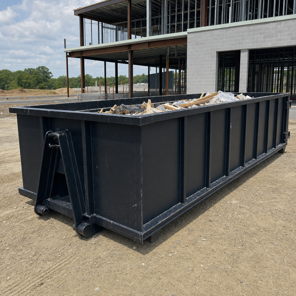 A matte-black 40-yard roll-off dumpster staged on a large Shreveport commercial construction lot, with a hooklift delivery truck parked alongside under bright midday sky.