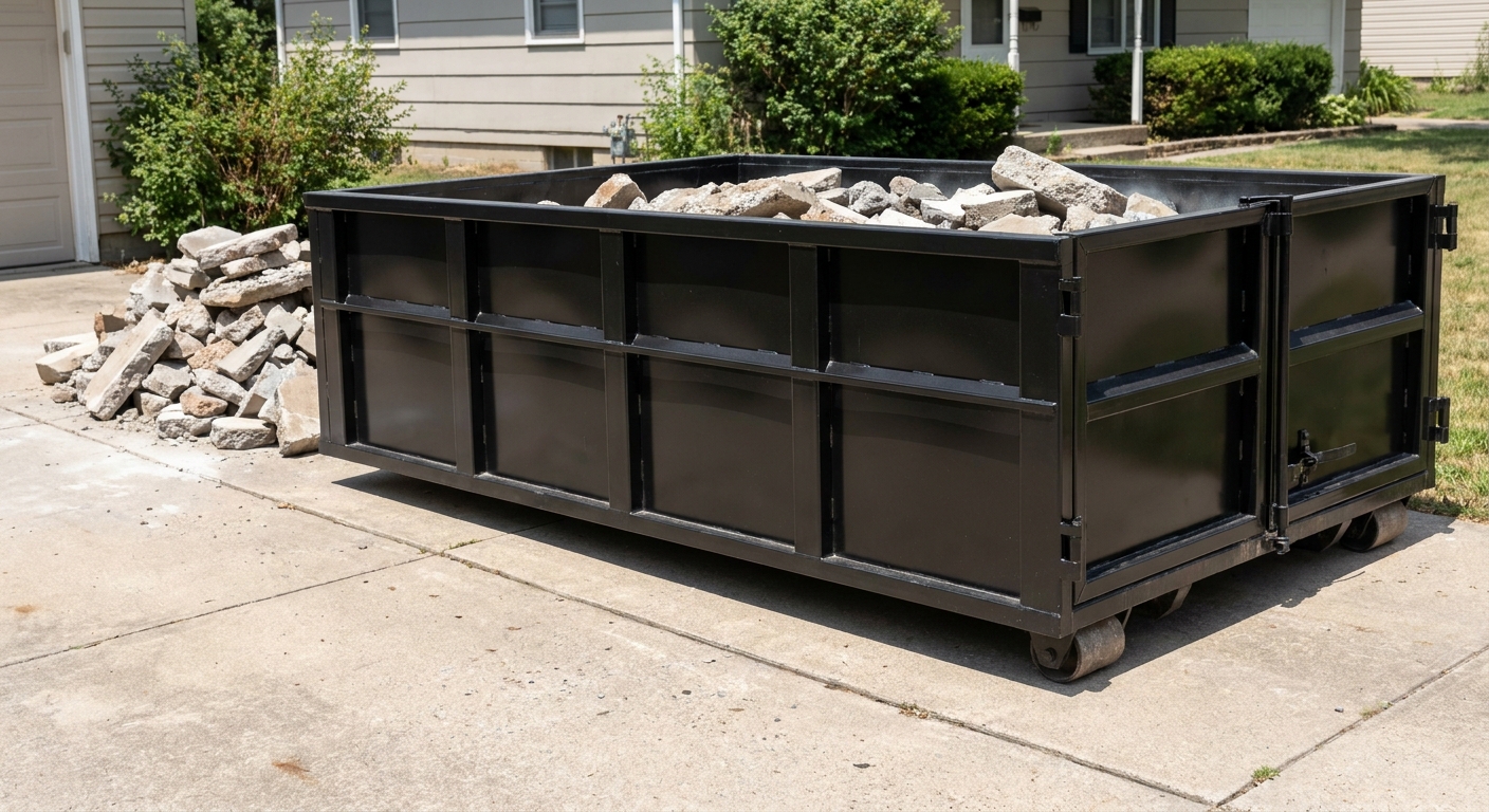 A matte-black low-side heavy-debris roll-off dumpster placed directly on a Shreveport concrete driveway, with broken concrete chunks neatly stacked beside it under clean daylight.